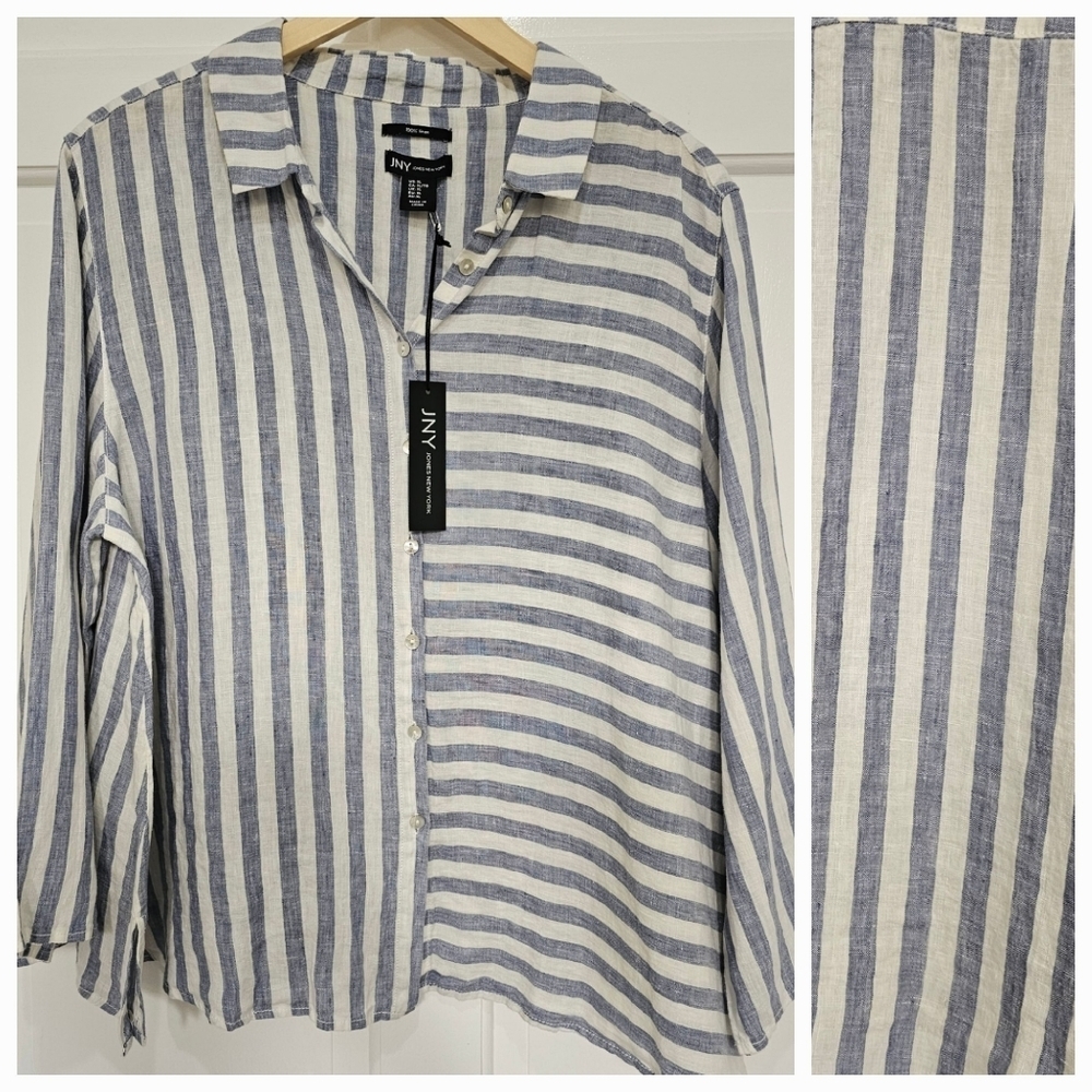 JNY Jones New York Button Front 100% Linen Striped Blouse Size XL